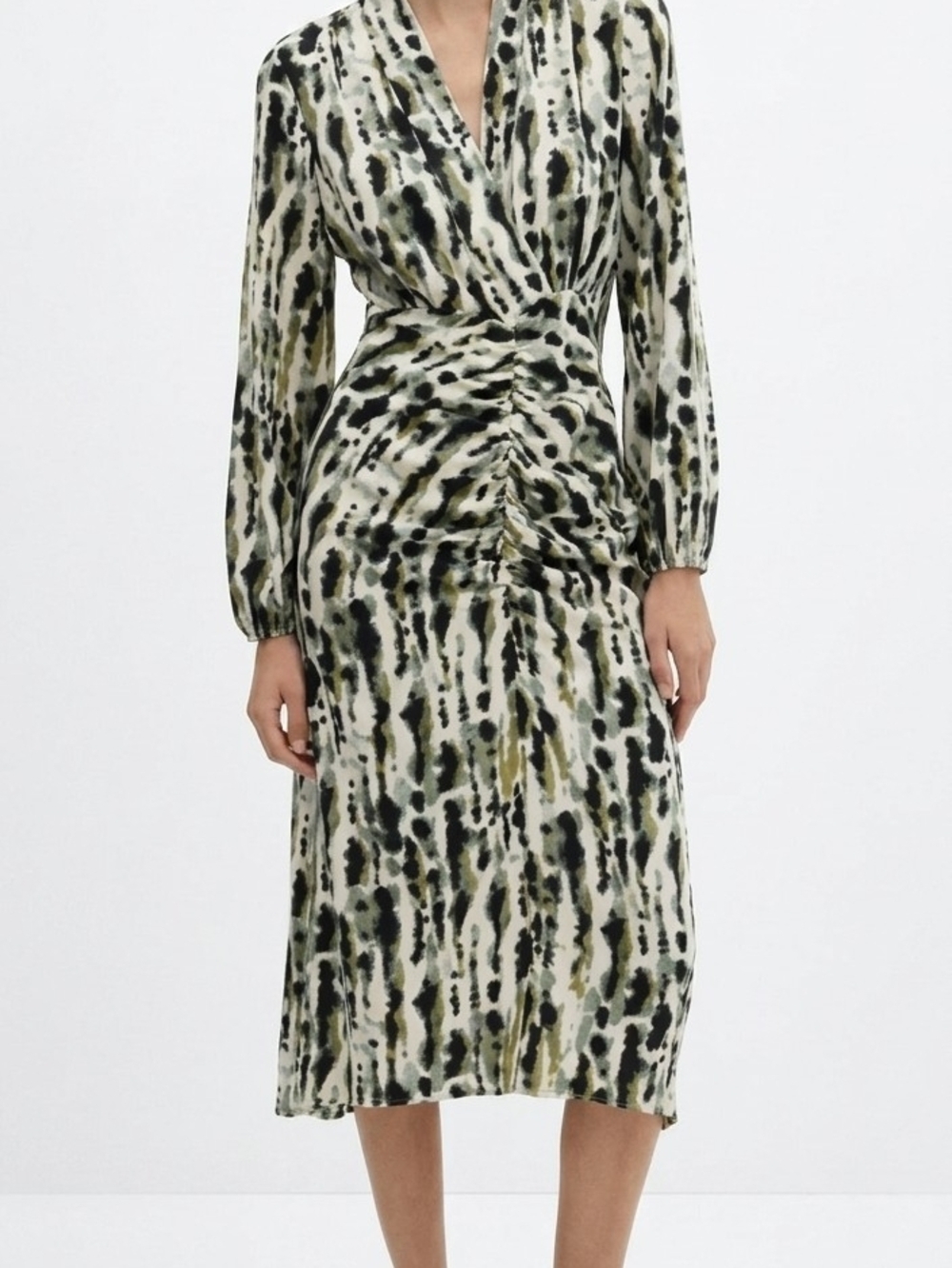 Mango Leonor Printed Ruched Midi Dress Green Black Size M
